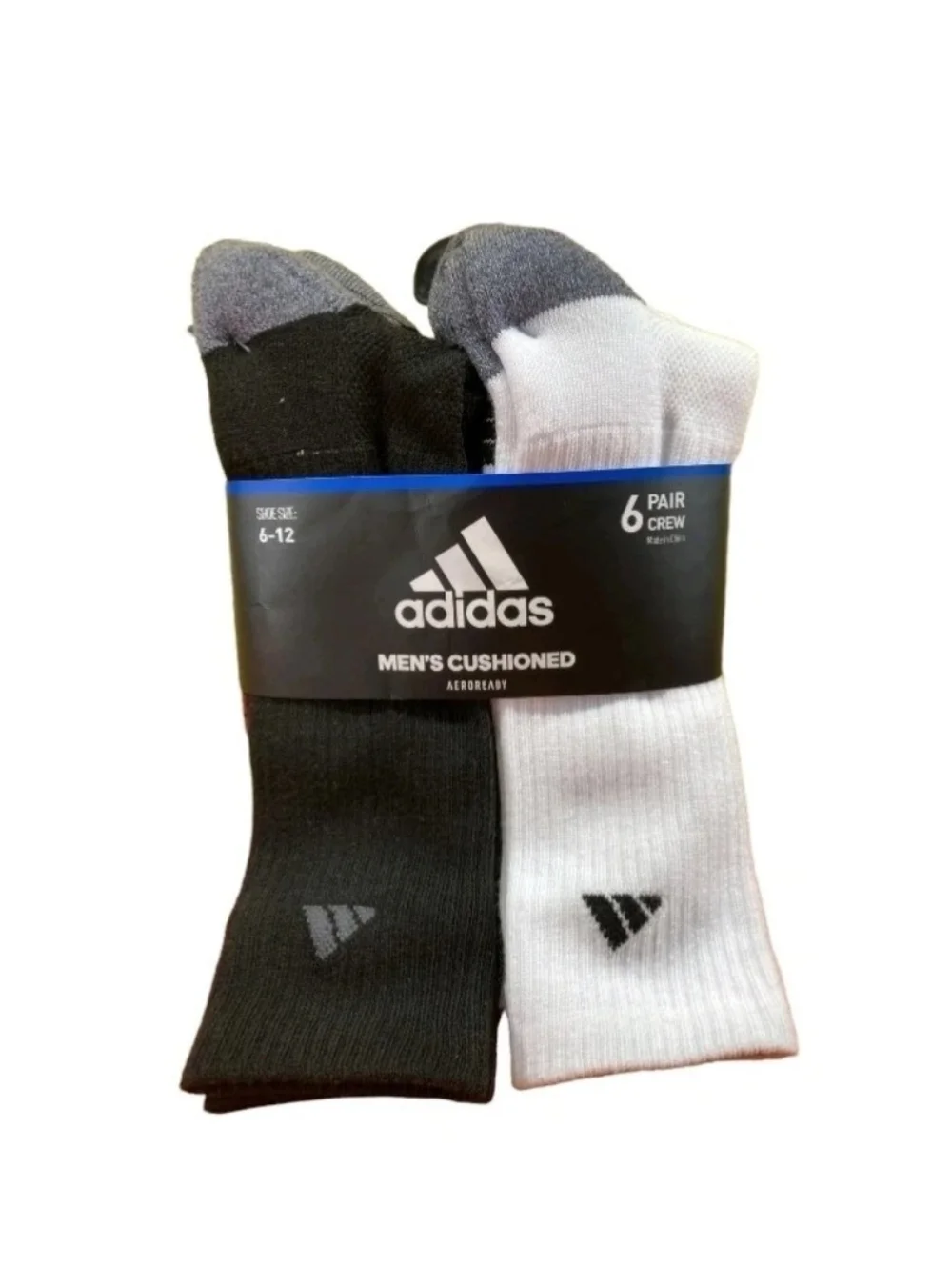 Adidas MEN 6pairsAEROREADY CREW CUSHIONED DRY Socks BLACK WHITE GRAY Large 6-12